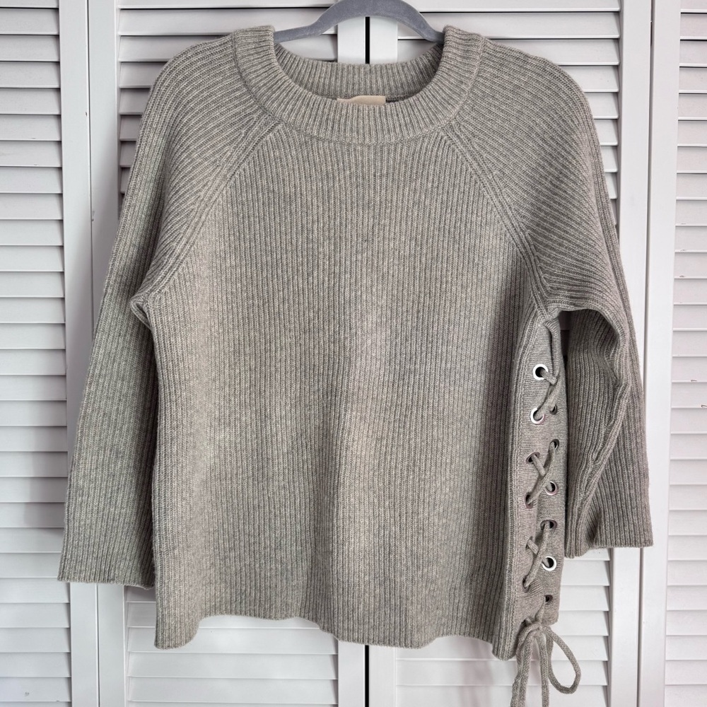 ba&sh Gray Crew Neck Sweater with Lace-Up Detail